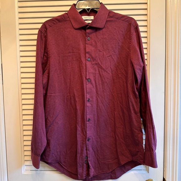 Calvin Klein Slim Fit Button Down Shirt Mens Large 16 32/33 Burgundy Cotton - Picture 1 of 8
